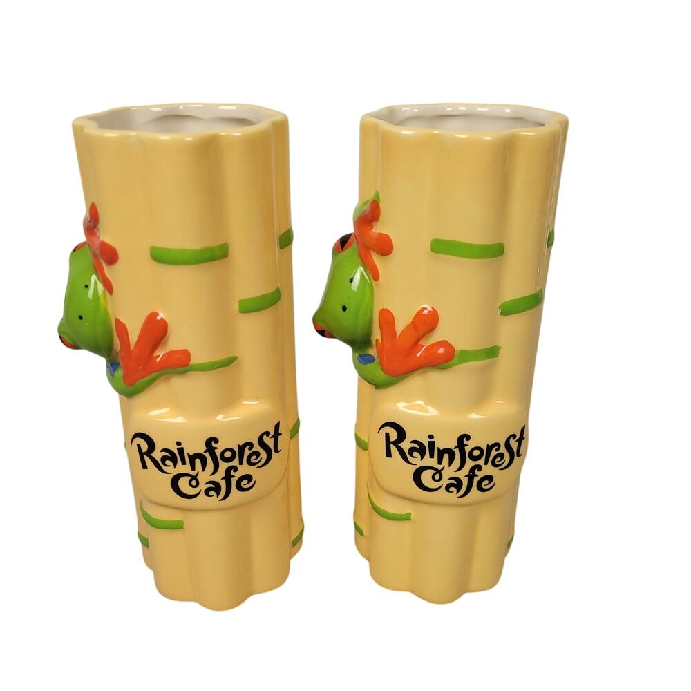 Vintage Rainforest Cafe 3D Red Eyed Tree Frog Bamboo Collectible Mug Set EUC